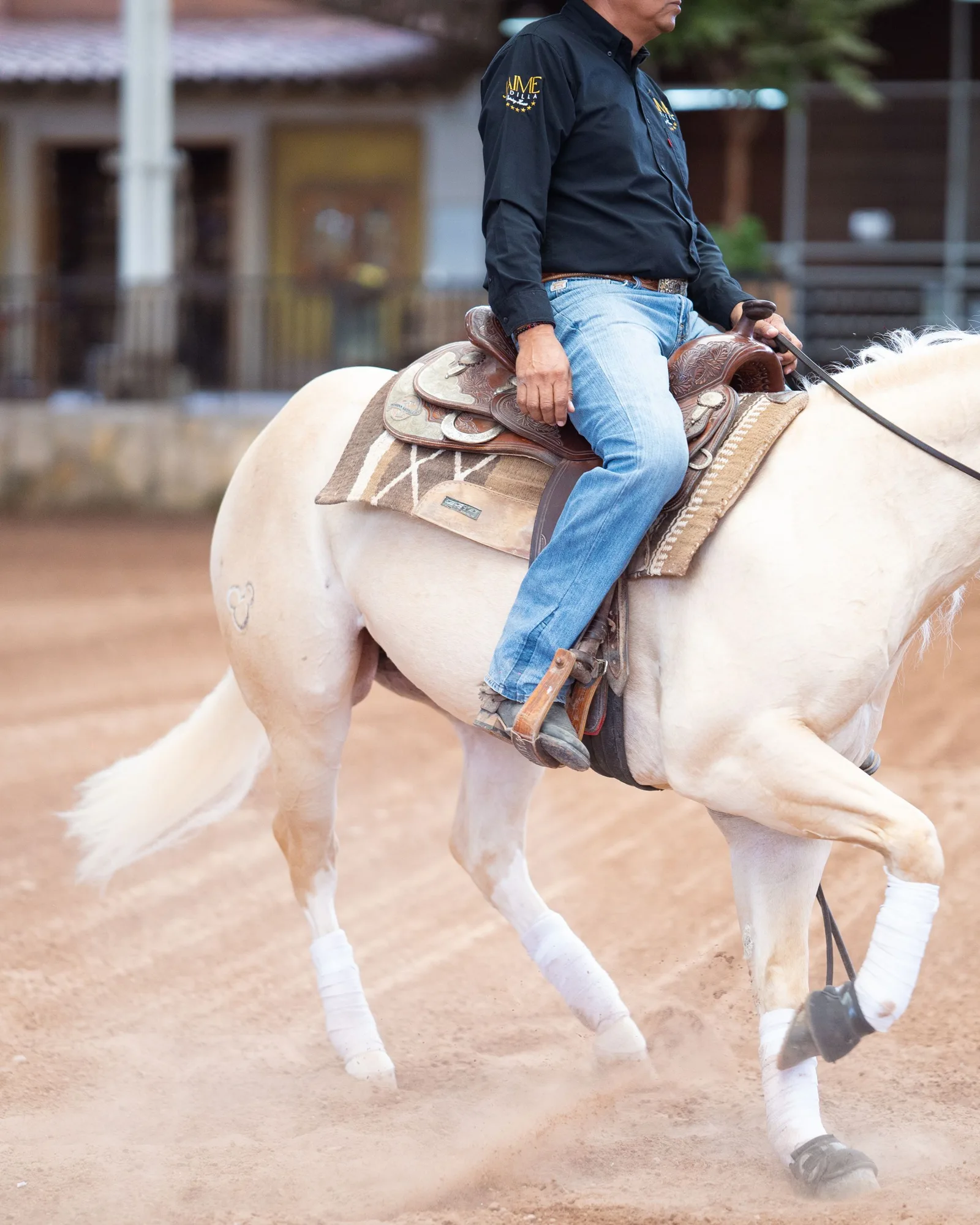 Botte noire de cavalier posée dans l’étrier, sous le tapis de selle, au bord d’une piste en herbe